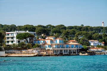 Cap D antibes beach and sea with pine trees and villas in France