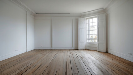 Spacious empty room with white walls and wooden floors