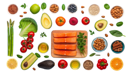 A vibrant array of healthy foods, including salmon fillets, fresh vegetables, and nuts, showcasing a balanced and nutritious meal plan on a white background.