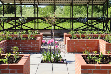 A modern vegetable garden with raised bricks beds. 