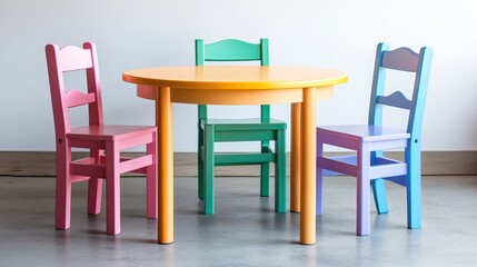 Colorful children's table and chair set arranged neatly on clean surface