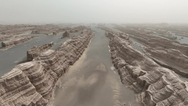 Aerial footage of wetland with rock formations and rocky terrain on a foggy day in the gobi desert