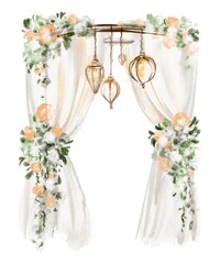 Watercolor illustration of a wedding wooden arch adorned with roses and drapery. Floral drawing for wedding ceremony decor, ideal for invitations or greeting cards. Elegant design for romantic events.