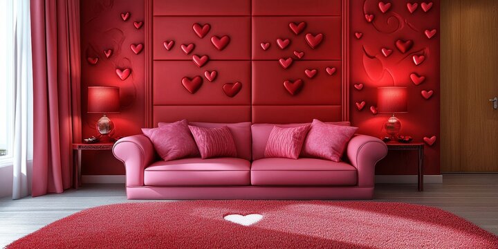 Valentine s themed living room with pink sofa red partition heart decorations on wall interior design, Generative AI