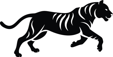Obraz premium Striking Tiger Running with Bold Black Design on a White Background