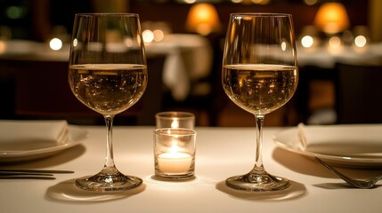Romantic Dinner: Two Glasses of White Wine, Candlelight, and Elegant Table Setting