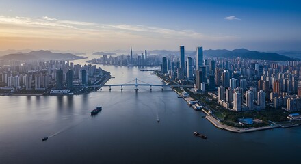 Cityscape Aerial View with River and Bridge at Dusk