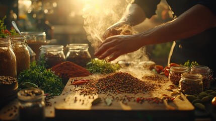 Obraz premium Chef's hands adding spice to mix, sunlight.