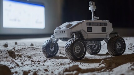 Robotic rover exploring lunar surface, near monitor.