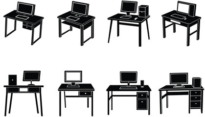 Computer Desk Vector Shilhouette Bundle Set Collection