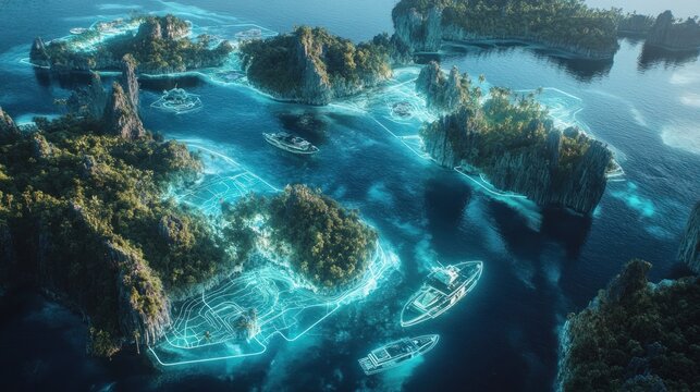 Tropical islands aerial view, yachts, planning, development, ocean