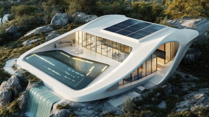 Futuristic villa, cliffside pool, solar panels, forest backdrop, architectural design