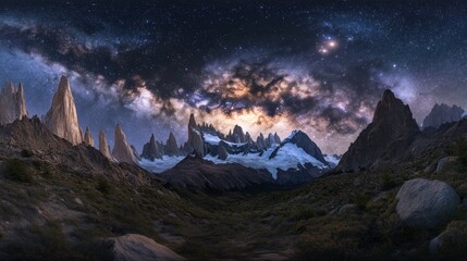 Milky Way over Patagonian peaks, night sky panorama