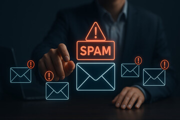 Spam Email Alert Concept Businessman Analyzing Messages With Warning Signs and Envelopes on a Dark Background