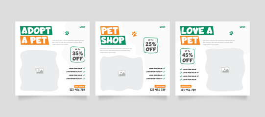 Set of pet care promotion banner social media pack template. Pet adoption social media post template. Pet shop social media carousel template. 