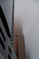 Fototapeta premium Skyscraper shrouded in fog rising from misty urban landscape