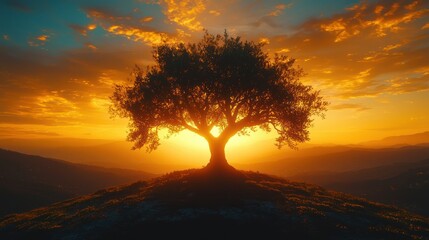 Fototapeta premium Majestic olive tree silhouetted against vibrant sunset over rolling hills; peaceful landscape for nature, travel, or serenity themes