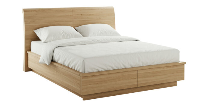 Isolated Modern Wooden Bed with White Linens