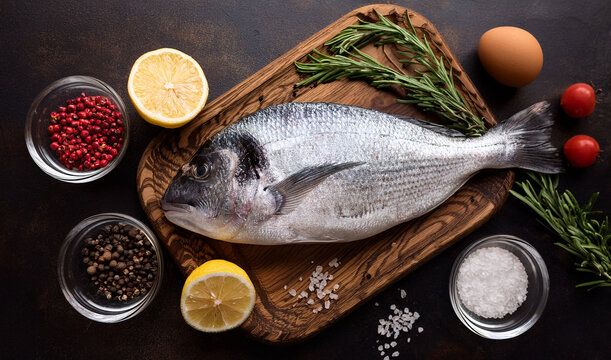 roher Fisch mit Zutaten auf einem Holzbrett