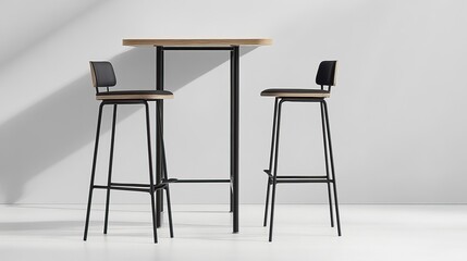 Tall bar table with two high chairs arranged on light background