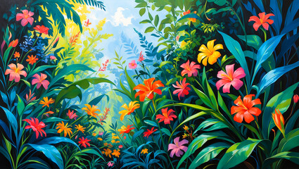 Vibrant jungle scene bursting with colorful flora