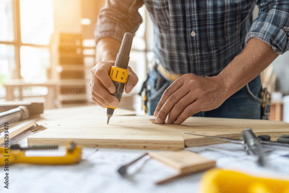 Poster carpenter measuring wood for custom table in a bright workshop during afternoon hours