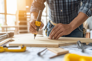 Carpenter measuring wood for custom table in a bright workshop during afternoon hours