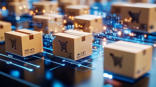 Innovative Logistics Concept with Cardboard Boxes and Digital Technology Illustrating E-Commerce and Supply Chain : Generative AI