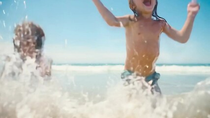 4K footage of children playing joyfully in shallow ocean waves on a sunny beach day, perfect for summer vacation clips, family fun scenes, or carefree childhood lifestyle visuals - Powered by Adobe