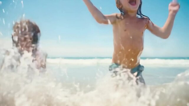 4K footage of children playing joyfully in shallow ocean waves on a sunny beach day, perfect for summer vacation clips, family fun scenes, or carefree childhood lifestyle visuals