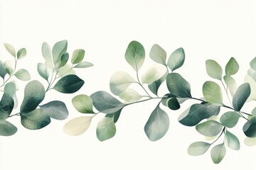 Green leaves and branches arranged decoratively on a white background