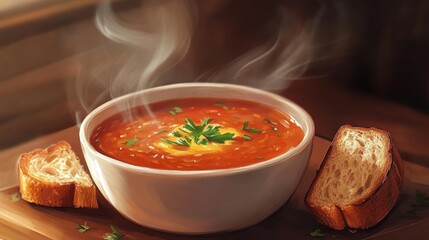 A steaming bowl of creamy tomato soup with a grilled cheese sandwich dunked beside it, served in a cozy kitchen setting
