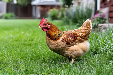 Fototapeta premium Chickens roam freely on a vibrant and lively farm in a rural outdoor setting