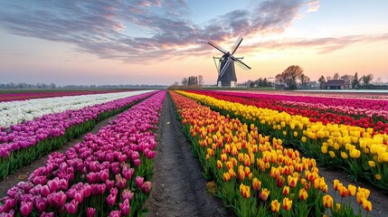 Colorful tulip field in full bloom with traditional windmill under dramatic sky during sunset in spring