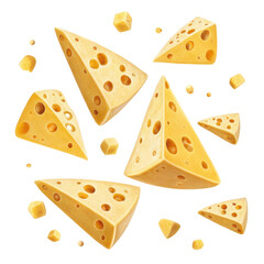 Delicious cheese pieces in various shapes and sizes create delightful visual feast that showcases their unique textures and colors