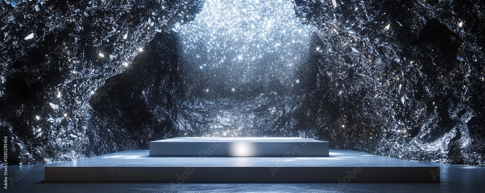 Aufkleber dark rock wall with falling glitter background and empty stage for product placement