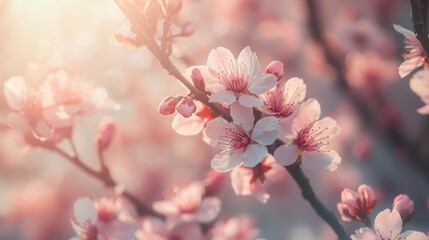 Pink cherry blossoms blooming in sunlight.