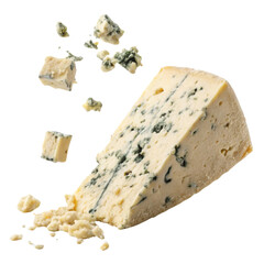 Delicious cheese pieces fall around wedge of blue cheese showcasing its rich texture and flavor. Perfect for gourmet dishes and pairings