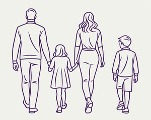Simple Line Drawing of a Family Walking Away Holding Hands.