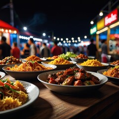 A food festival showcasing diverse cuisines, lively and appetizing.