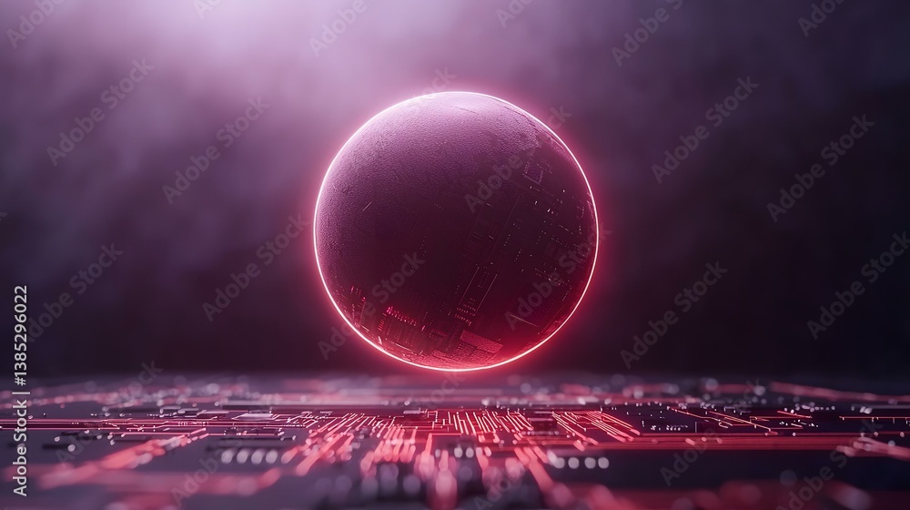 Poster a dark, smoky scene features a large, metallic sphere with circuit-board-like textures, glowing with