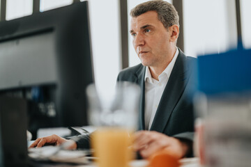 Business professional concentrating on their work at a modern office setup