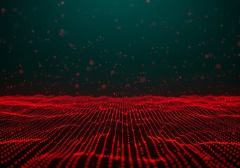 Crimson digital landscape, a sea of glowing red particles undulating softly against a dark teal backdrop.
