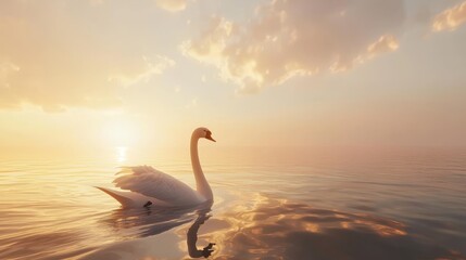 Fototapeta premium Majestic swan swimming peacefully on calm water at sunset.