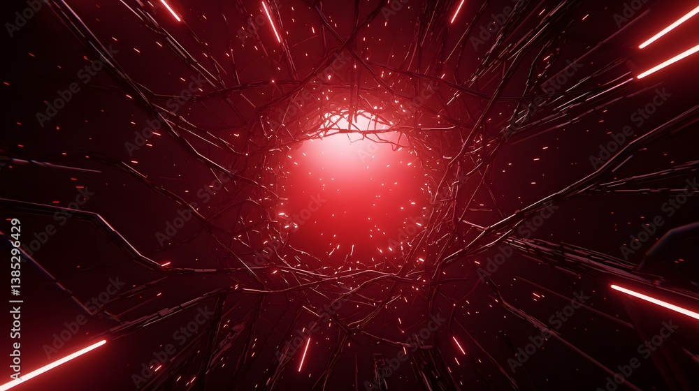 Poster the image contains a dark, abstract 3d rendering of a network of dark red, vein-like structures conv