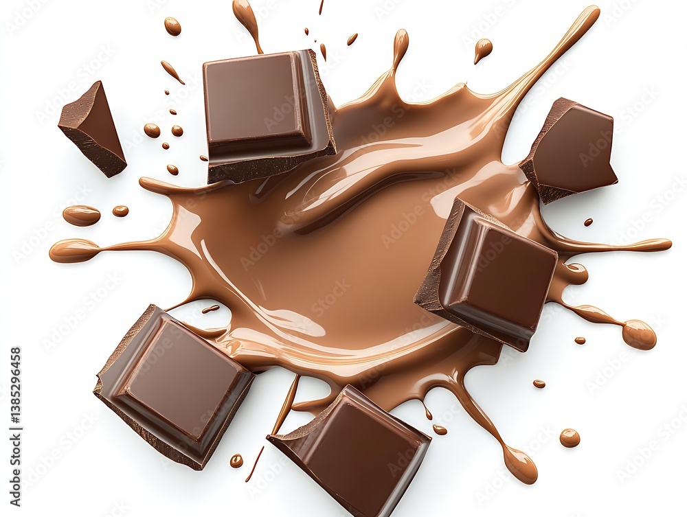 Poster rich and glossy dark chocolate squares with delicious chocolate splash background : generative ai