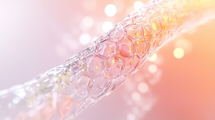 Microscopic view of a transparent, hexagonal structure resembling a vein or fiber, with a soft, bokeh background.