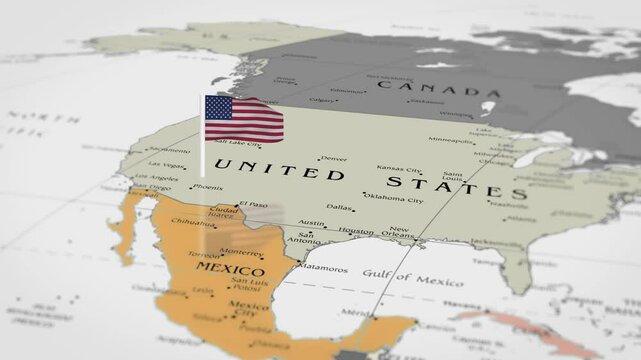 The camera rotating around America on the world map takes the focus. America flag waving on the map 4K Animation.