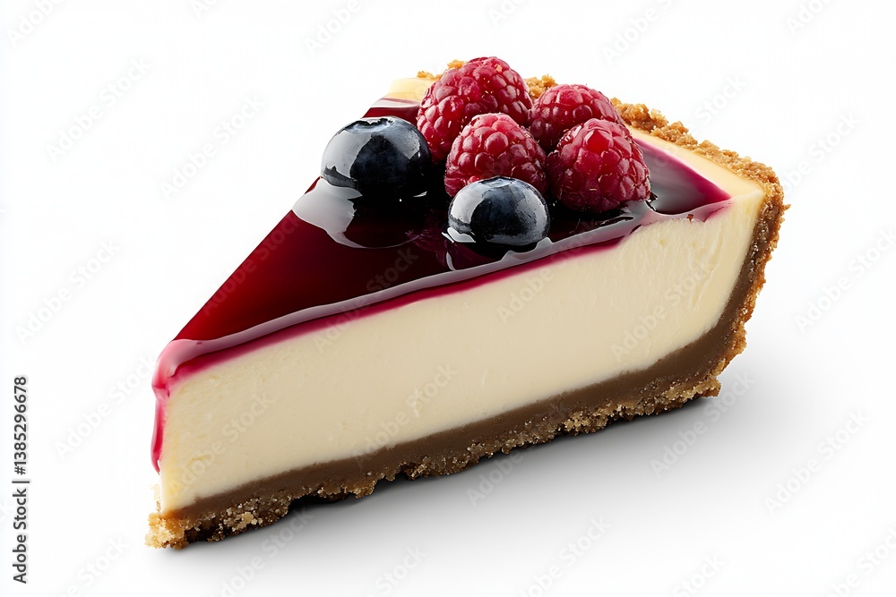 Poster delicious cheesecake slice topped with fresh berries and raspberry sauce presented on a clean backgr