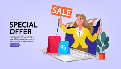 Isometric vector illustration of an online shopping promotion. A woman announces a special offer with a megaphone, symbolizing a digital marketing campaign.